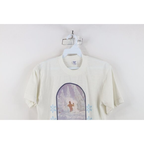 Vintage 70s Womens Large Sheer Snow Country Snowflake Skiing T-Shirt White USA - Picture 2 of 14